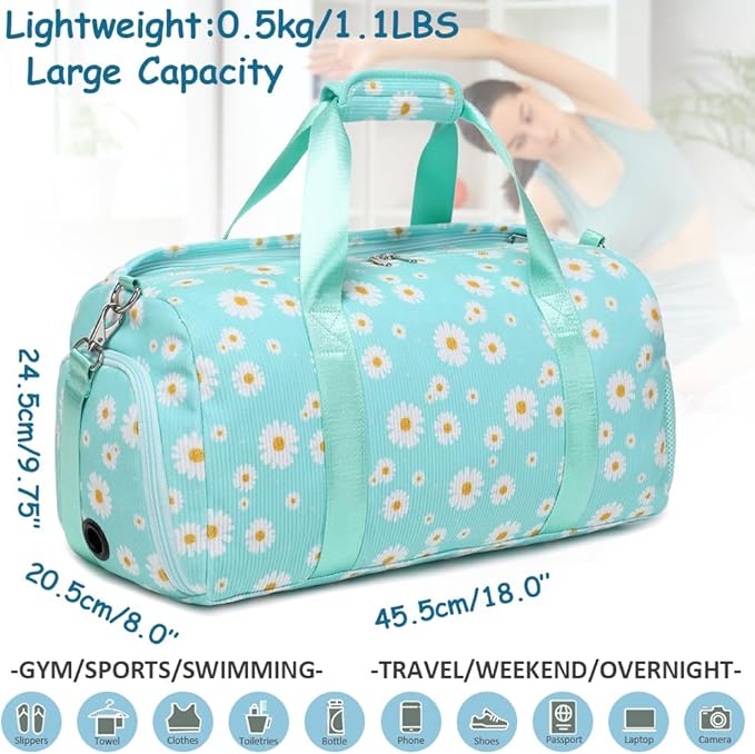 Dance Bag for Girls Gym Bag Sports Duffle Bag with Shoes Compartment Wet Pocket Weekender Overnight Bag for Girls Women Teens Corduroy Daisy Travel Duffle Bag