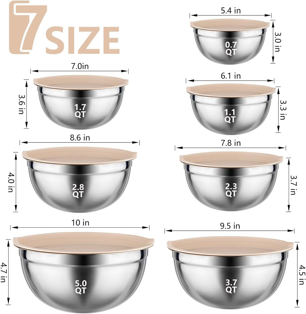 Mixing Bowls with Lids set - 25 PCS Stainless Steel Nesting Khaki Mixing Bowls Set for Baking,Mixing,Serving & Prepping,Size 5, 3.7, 2.8, 2.3, 1.7, 1.1, 0.7QT, 11 Cooking Utensils