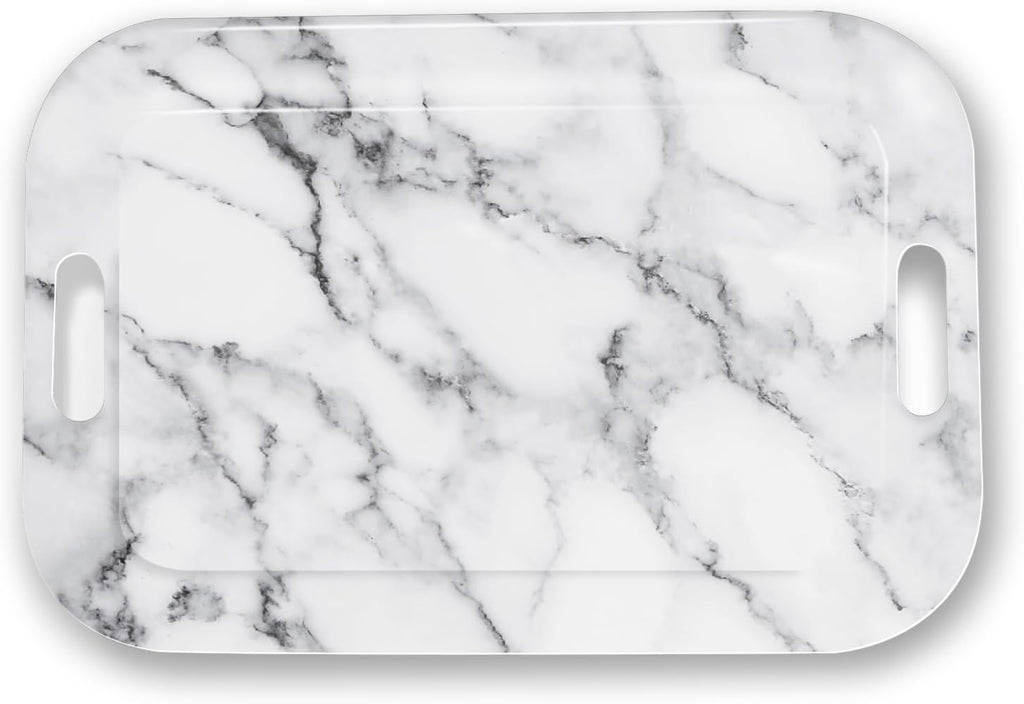 Serving Trays with Handles, 14.5 x 9.8 inch Rectangular Plastic Tray for Restaurant, Kitchen, Gray White Marble