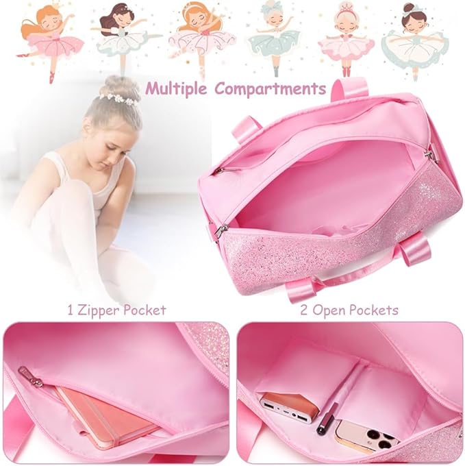 Dance Bag for Girls Ballet Bag Shiny Rainbow Glitter Sports Duffle Bag for Kids Girls Ballerina Duffle with Waterproof Dry Wet Separated Compartment