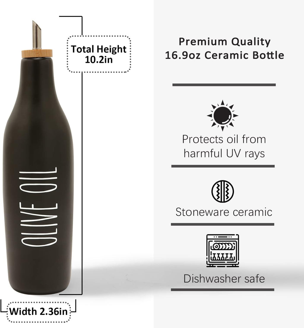 HOMCDALY Ceramic Olive Oil Dispenser for Kitchen, Stoneware 16oz Oil Cruet and Vinegar Bottles Dispenser, Kitchen Dispenser Bottle for EVOO Vinegar Syrups, Modern Farmhouse Design(B-O)