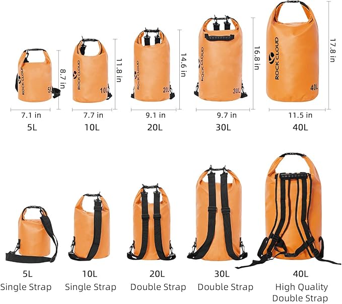 ROCK CLOUD Dry Bag Waterproof 20L Dry Sack for Kayaking Rafting Boating Beach Surfing Swimming Canoe Camping Hiking Fishing Ski, Orange