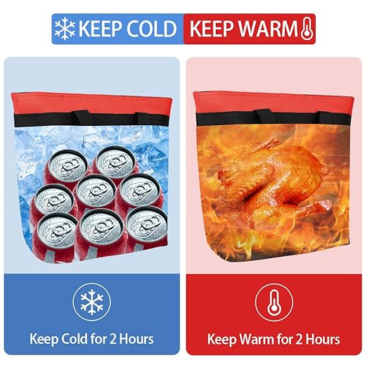 2Pk Insulated Reusable Tote Bag for Grocery Shopping for Women, Pizza/Food Delivery Bag to Keep Food Cold/Hot for Uber Eats/Doordash/Grubub, Cooler bags for Travel/Beach/Picnic, Red