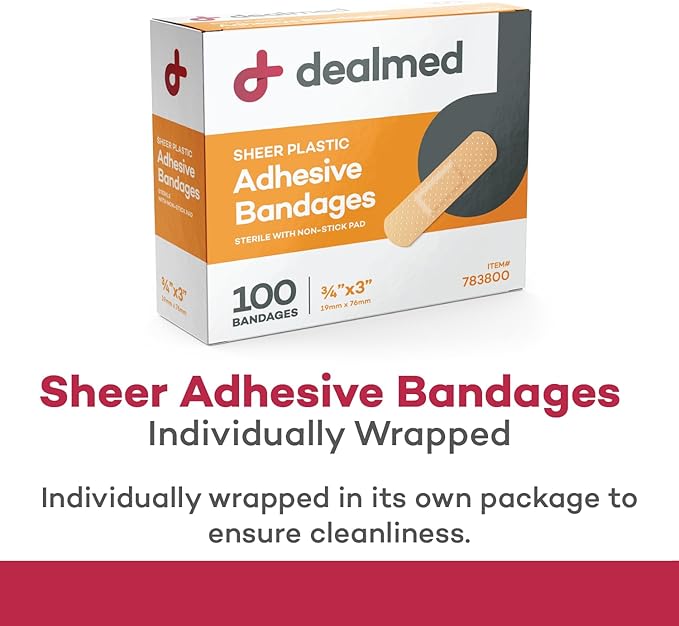 Dealmed Sheer Plastic Flexible Adhesive Bandages – 100 Count (24 Pack) Bandages with Non-Stick Pad, Latex Free, Wound Care for First Aid Kit, 3" x 3/4"