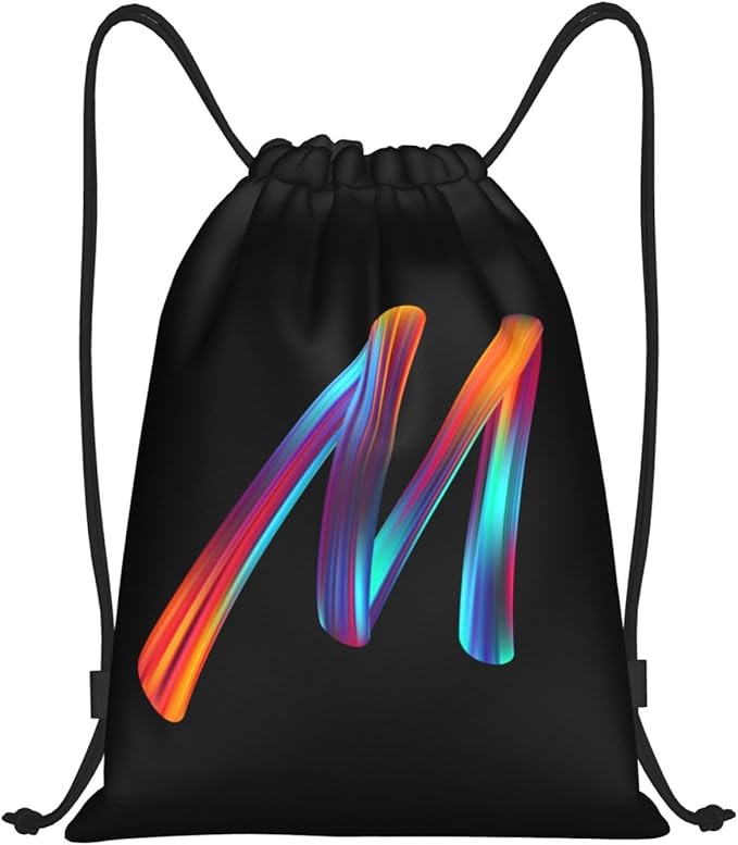 Drawstring Bags Initial Drawstring Backpack Sackpack Black Draw String Cinch Bags for Sports, Gym, Travel, Swimming, Beach, Camping, Rainbow Letter M