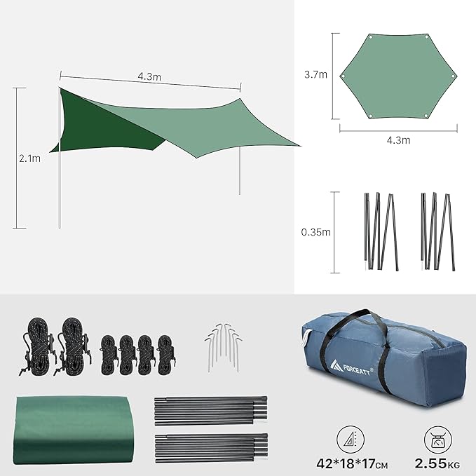 Forceatt 12x14FT Waterproof Camping Tarp with 2 Poles, Sun Shelter for Car, Tent, Hammock in Camping, Hiking, Backpacking, Garden and Traveling