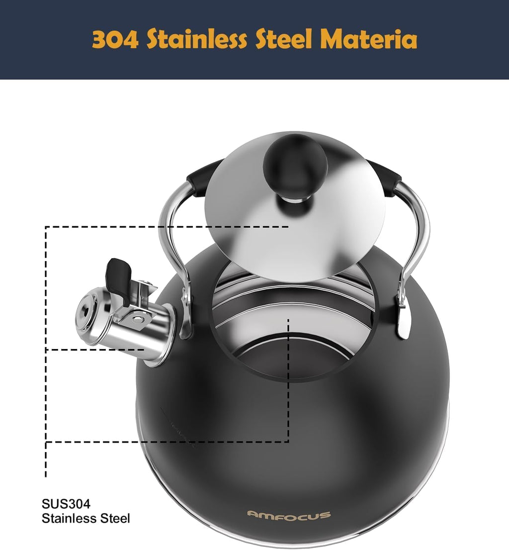 Tea Kettle, 2 Quart Stainless Steel Whistling Tea Kettle, Stovetop Whistling Teakettle Tea Pots for Stove Top with Ergonomic Folding Handle, Small Teapot, Water boiler for Tea, Coffee (Black)