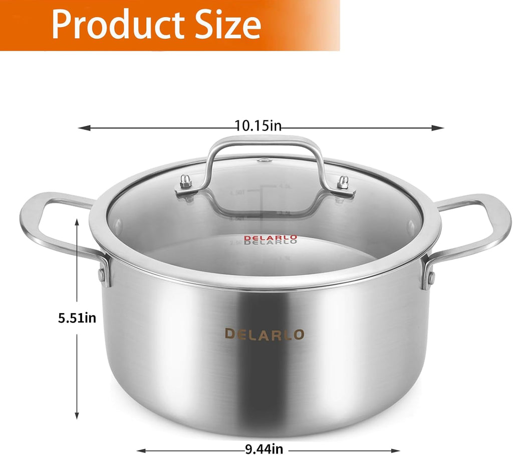 DELARLO Tri-Ply Stainless Steel 6QT Pot with Lid, Induction Ready, 6 Quart with Lid, Durable, Noodle Pot, 18/10 Heavy Duty for Cooking, Suit for All Stove, Up to 600℉(Lids 300℉)
