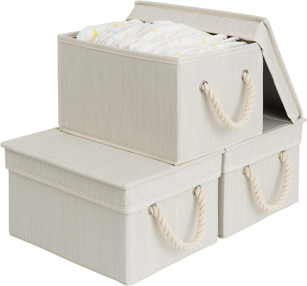 StorageWorks Storage Bins with Lids, Decorative Storage Boxes with Lid and Soft Rope Handles, Foldable Storage Baskets for Closet, Shelves, Stackable, Mixing of Beige, White & Ivory, Medium, 3-Pack