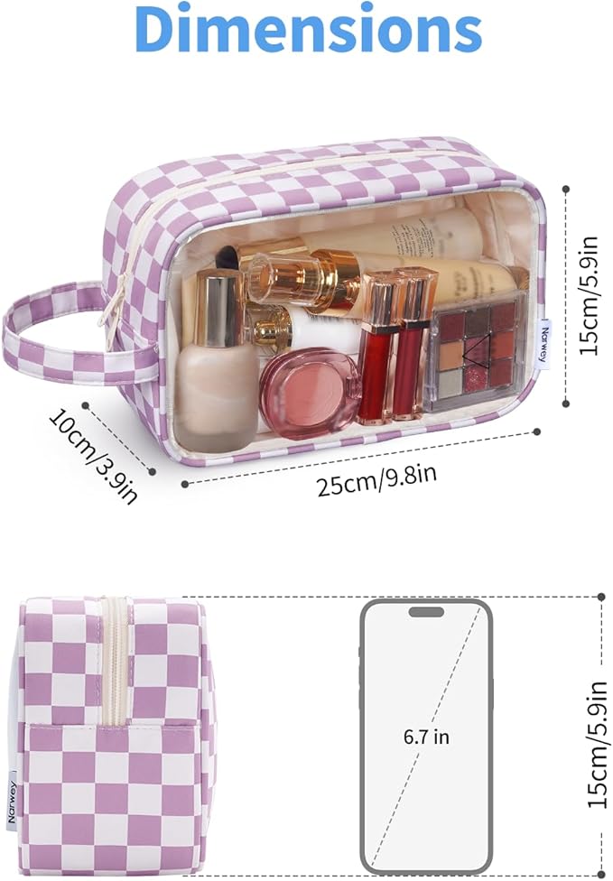 Narwey Checkered Clear Makeup Bag Cosmetic Bag with Zipper for Travel, Clear Toiletry Bags for Traveling Toiletries Women Men, Make Up Pouch with Handle, Skincare Bag (Purple Checkerboard)