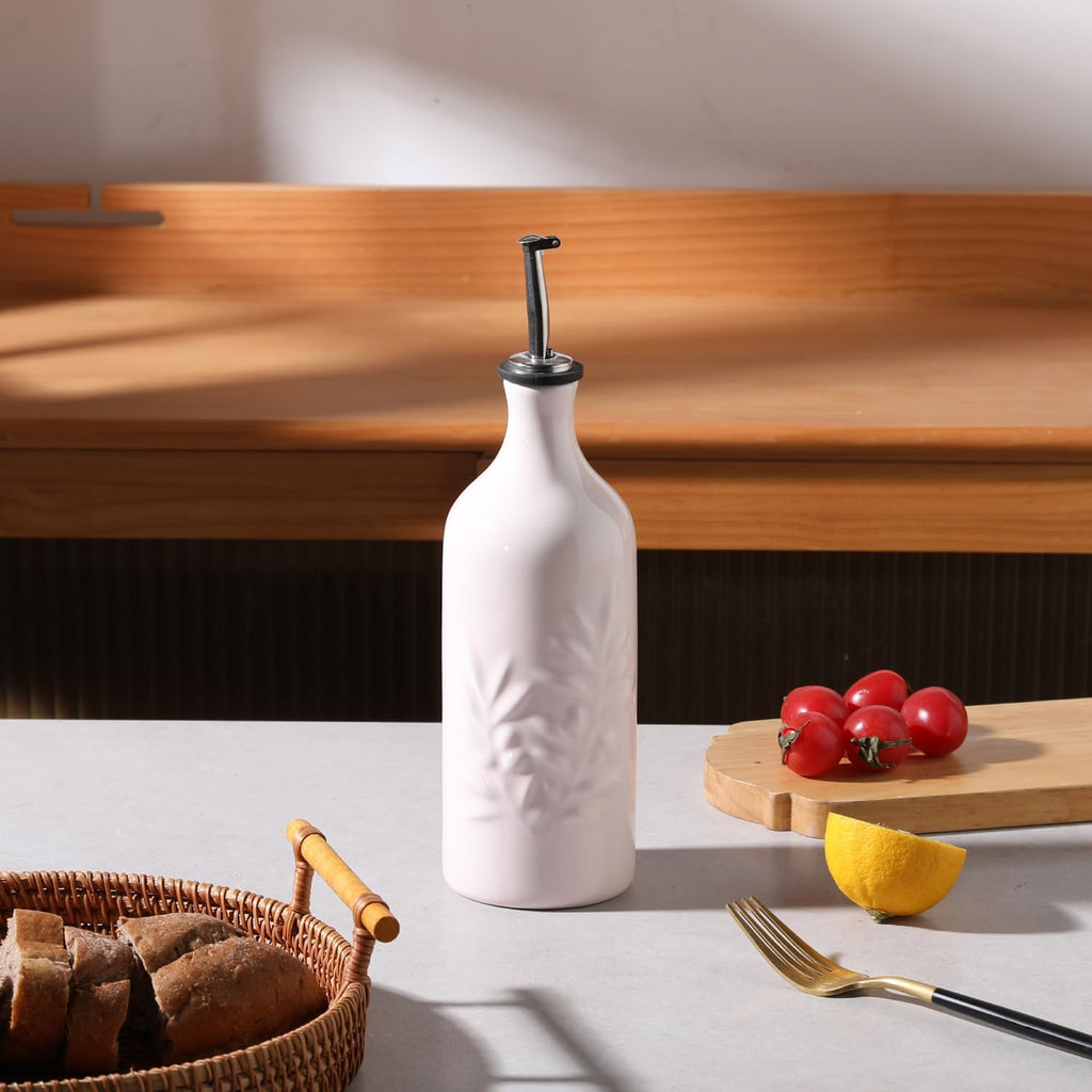 Sweejar Ceramic Olive Oil Dispenser Bottle, 20 Oz Relief Opaque Oil Cruet Protects To Reduce Oxidation, Suitable for Storage Vinegar, Soy Sauce,Liquids,Set of 1 (Rose Pink)