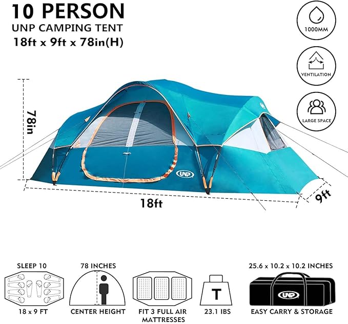 UNP Camping Tent 10-Person-Family Tents, Parties, Music Festival Tent, Big, Easy Up, 5 Large Mesh Windows, Double Layer, 2 Room, Waterproof, Weather Resistant, 18ft x 9ft x78in
