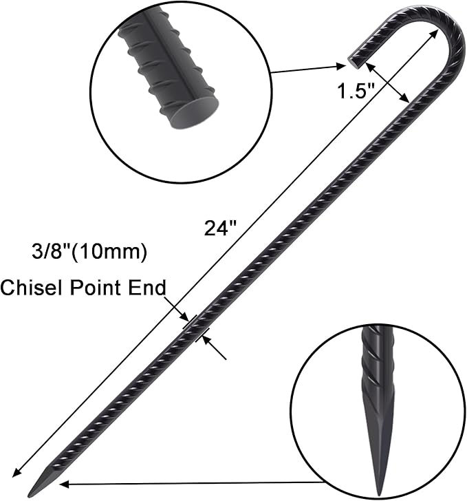 VVOKGO 24 Inch Rebar Stakes Heavy Duty J Hook Ground Anchors, 3/8 Inch Diameter Curved Steel Plant Support Garden Stake with Chisel Point end, Hammer Through for Camping Tent - Black Coated (8)