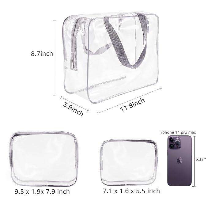 5Pcs Crystal Clear PVC Travel Toiletry Bag Kit for Women Men, Waterproof Vinyl Packing Organizer Storage Bags with Zipper Handle Straps, Cosmetic Pouch Carry on Airport Airline Compliant Bag Handbag