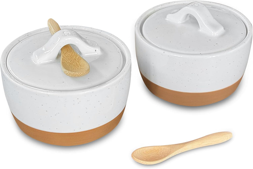 Mora Ceramic Salt and Pepper Cellar Set with Lid - 10 oz Modern Canister/Container/Bowl for Storage, Sea Salt, Spice, Sugar, Countertop - Small Dish/Jar with Wood Spoon, White Crock