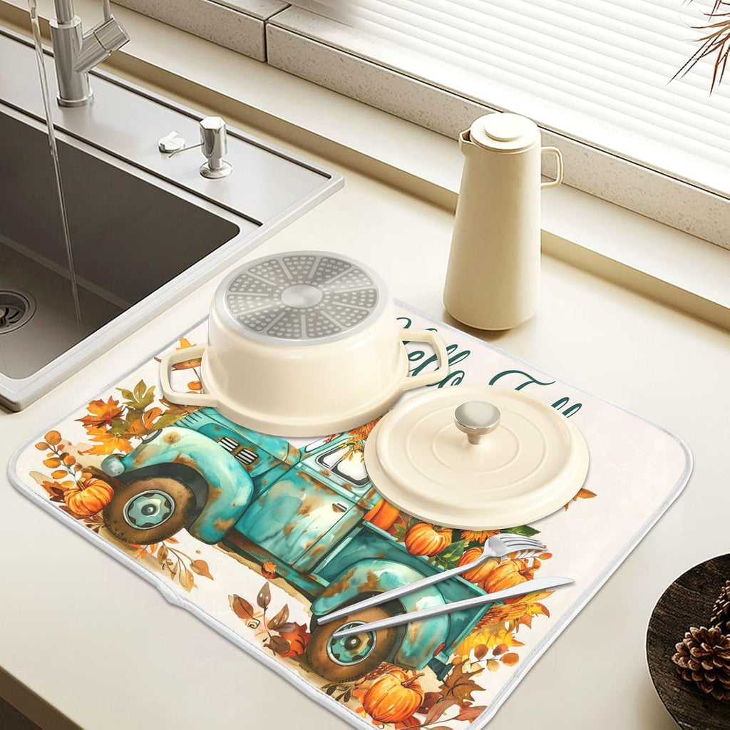 Vintage Fall Truck with Pumpkins Autumn Leaves Dish Drying Mat for Kitchen Counter Absorbent Microfiber Small Drying Pad Dish Mats for Kitchen Countertops 16 x 18 Inch