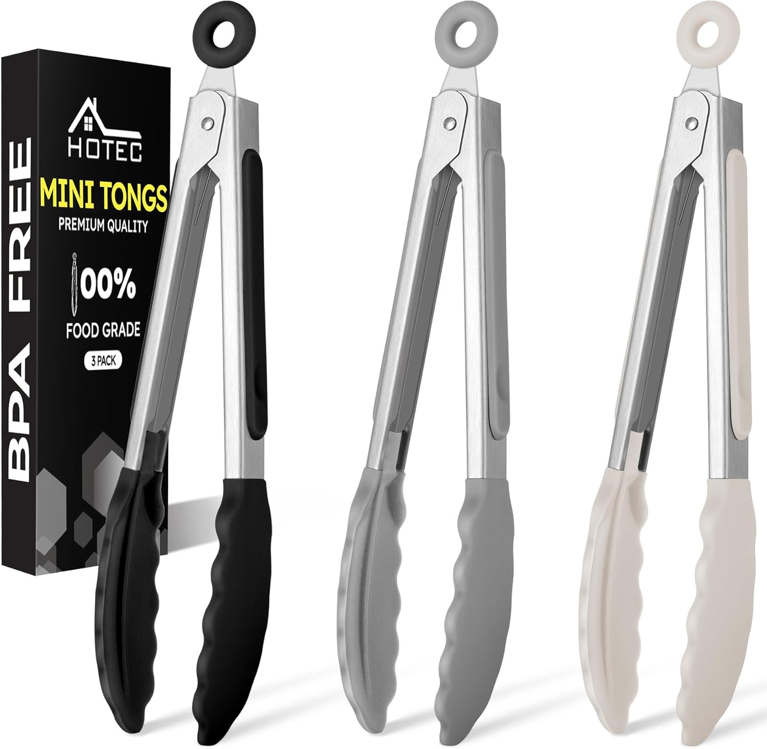 Hotec Mini Silicone Kitchen Tongs for Cooking - 7-Inch Small Serving Tongs with Silicone Tips, Set of 3 (Black,Grey,Khaki)