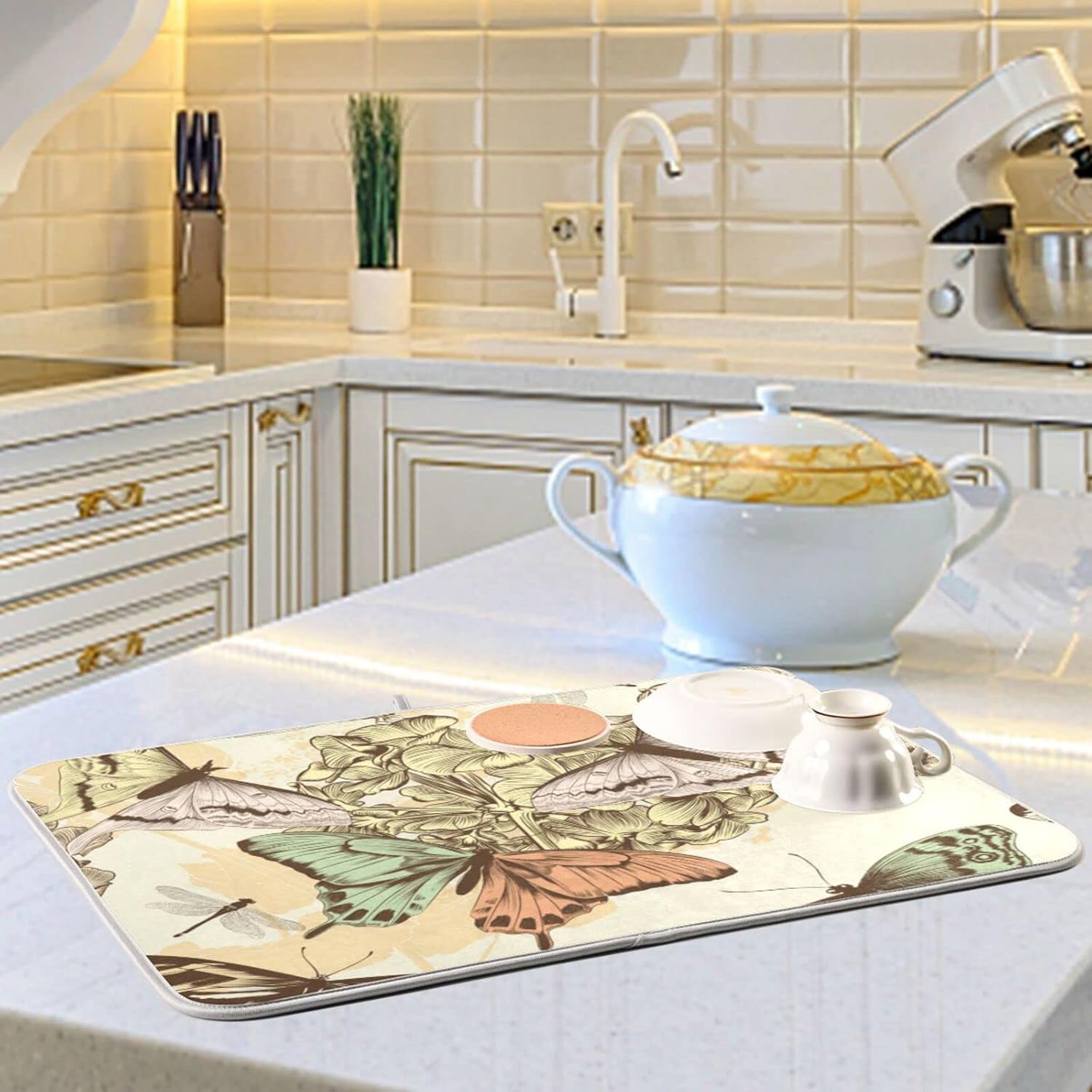 Super Absorbent Dish Drying Mat, Microfiber Fast-Drying Dish Mat, 16" x 18", Kitchen Dish Drying Pad, Retro Butterfly