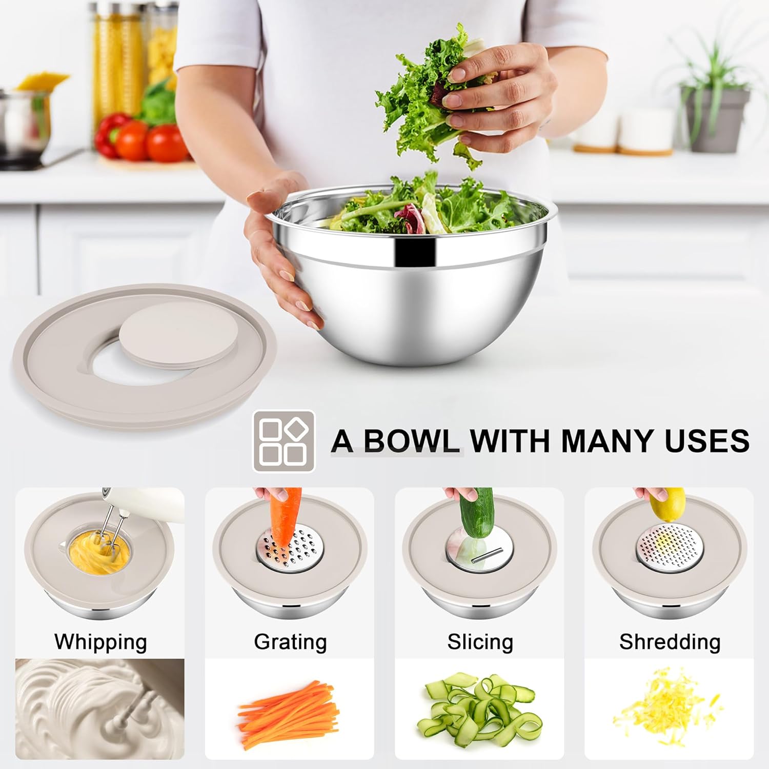 E-far Mixing Bowls with Lids Set, 7-Piece Stainless Steel Metal Mixing Bowls with Grater Attachments, Size 4.6, 3.5, 2.6, 2, 1.5, 1, 0.7QT, Nesting Design & Khaki Airtight Lids, For Cooking/Serving