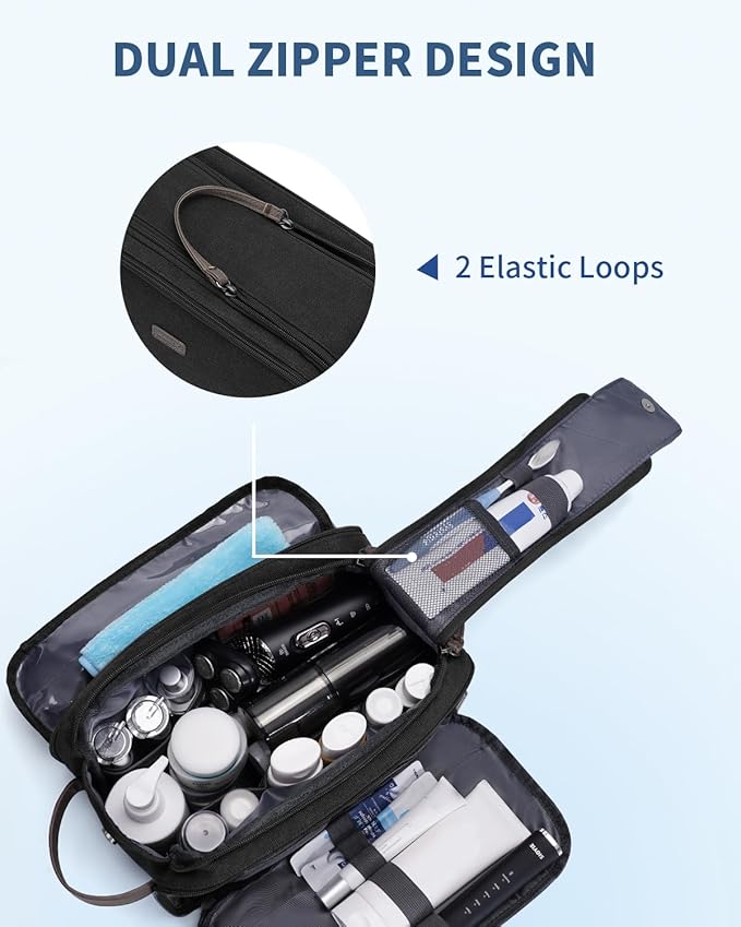 WANDF Toiletry Bag for Men Travel Toiletry Organizer Canvas and Leather Dopp Kit Water-Resistant Shaving Bag for Travel Accessories (Black, Patent Pending)