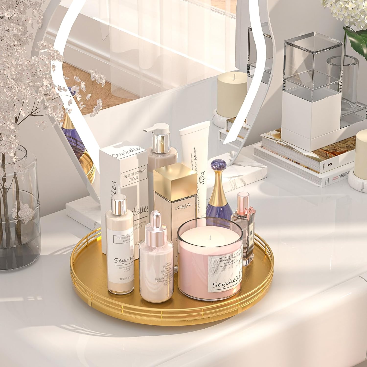 13" Gold Lazy Susan for Table Top, Oak Wood Lazy Susan Turntable Organizer for Dining Coffee Table Centerpiece Bar Decor Kitchen Countertop Bathroom Vanity Decorative Tray for Perfume Jewelry Round