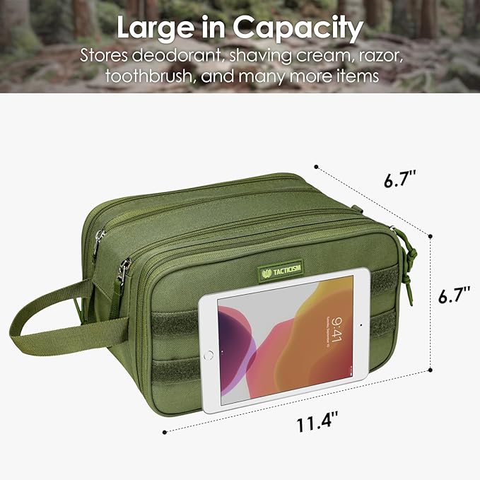 TACTICISM Toiletry Bag for Men - Extra Large Dry Wet Separate Travel Shaving Bag, Tactical Molle Dopp Kit for Men, Water-Resistant Mens Toiletry Bag for Travel, Green