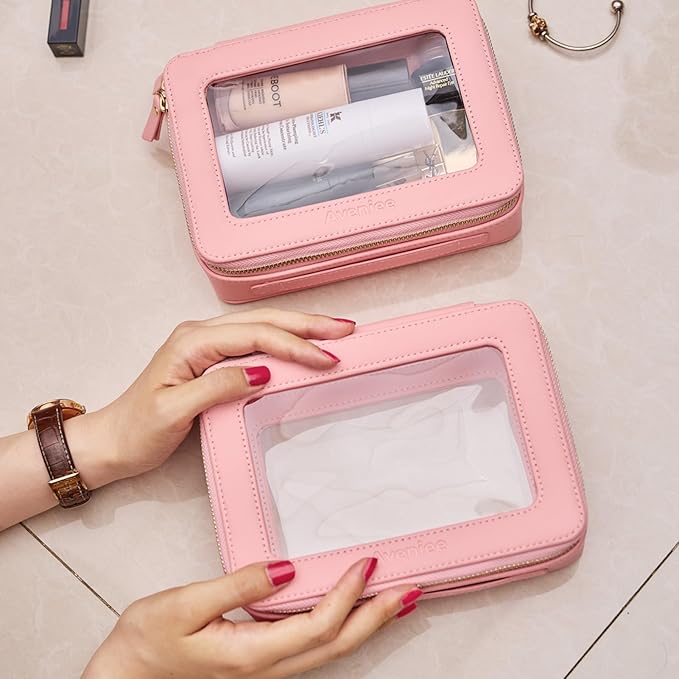 Aveniee Clear Makeup Bag Organizer, Portable Travel Toiletry Cosmetic Bag Case for Women, Heavy Duty Vegan Leather Make Up Pouch Car Bag for Essentials 2pcs(Middle & Large) - Pink