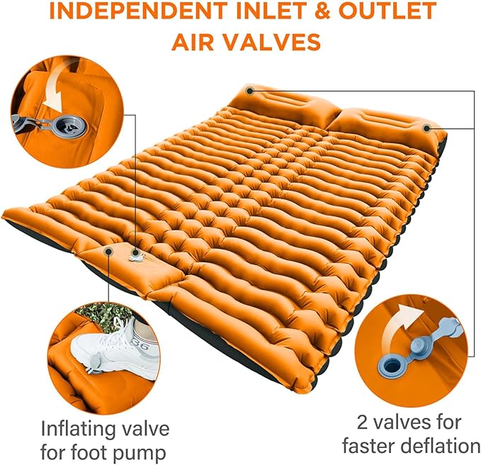 Double Camping Sleeping Pad, Self Inflating 4" Extra-Thick Foot Press Ultralight 2 Person Camping Mat with Pillow for Camping Hiking Traveling Backpacking Tent-Orange