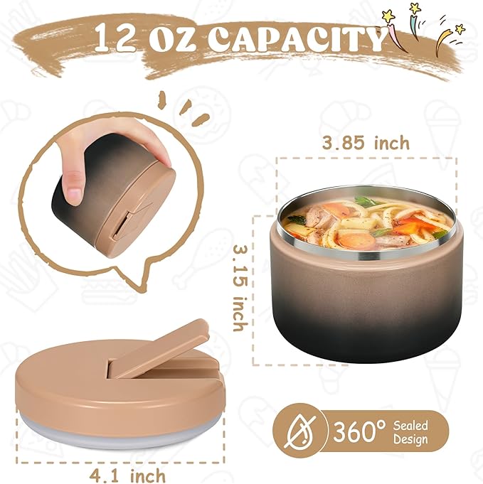 12oz Kids Soup Thermo for Hot Food Insulated Vacuum Food Jar with Buckle Lid, Stainless Steel Wide Mouth Leak Proof Lunch Container for School Travel 1 Pack
