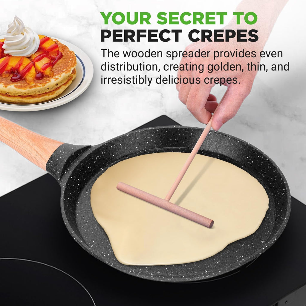 NutriChef 9.45” Non-Stick Crepe Pan with Wooden Spreader, Durable Marble Coated Dosa Pan, Bakelite Handle and Induction Bottom, PFOA/PFOS Free, Dishwasher Safe, Even Heat Distribution (Black Marble)