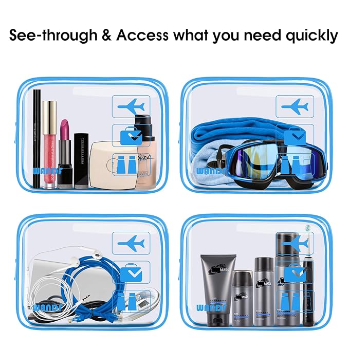 TSA Approved Clear Travel Toiletry Bag wih Zippers Carry-on Travel Accessories Quart Size Toiletries Cosmetic Pouch Makeup Bags for Men and Women (2pcs Navy Blue)