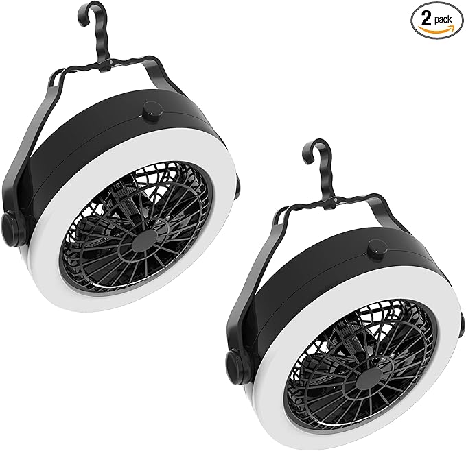 2-in-1 Camping Lantern with Fan Set - Set of 2 Portable Camping Lights with 12 Bright LED Bulbs, USB, and Rechargeable Battery by Wakeman