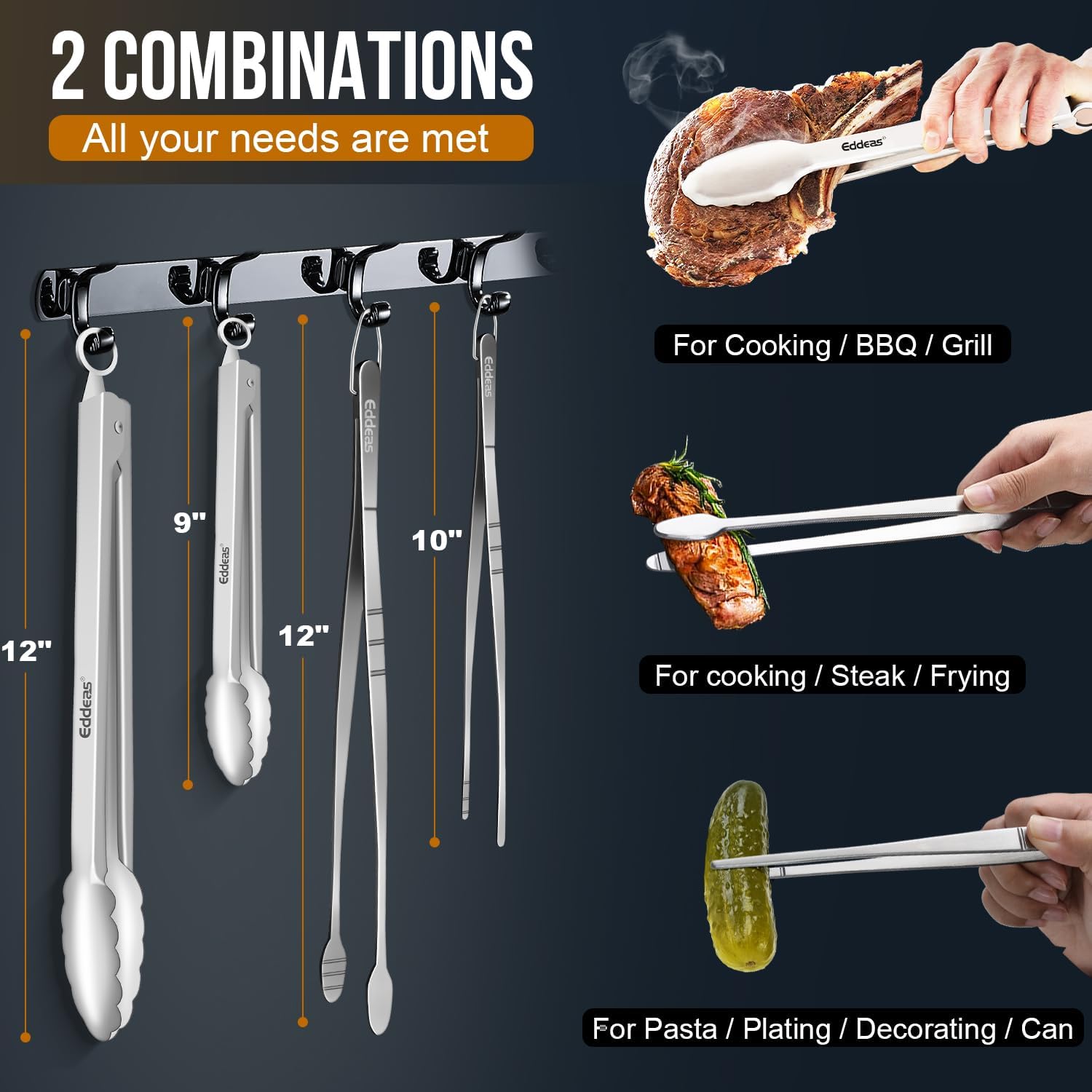 Tongs For Cooking - Heat Resistant 600 Degrees, All Metal Kitchen Tweezers Tongs, Heavy Duty Stainless Steel Cooking for Food, Grill, BBQ, Dishwasher safe Set of 4 (12" & 9in)