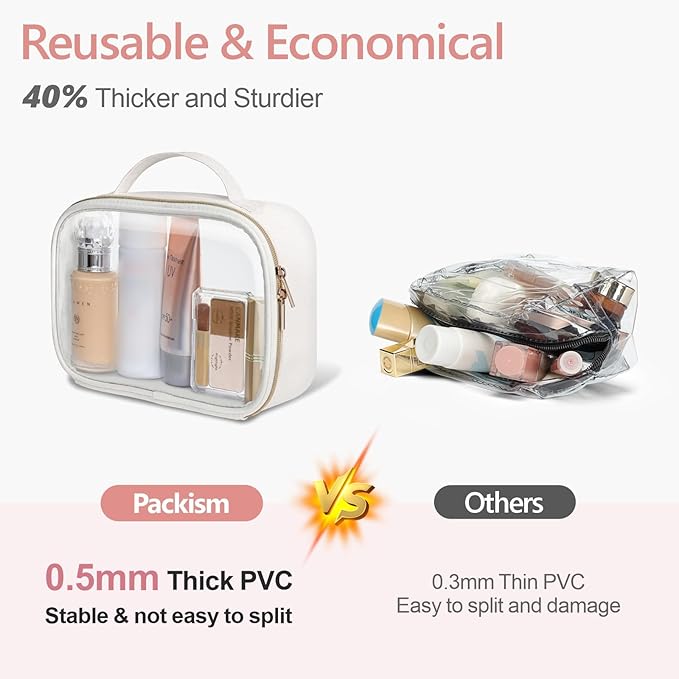 PACKISM TSA Approved Toiletry Bag - Glitter Textured Clear Toiletry Bag, Personalized and Fashion, with 180° Large Opening and Supporting Frame, Perfect for Travel Essentials, Thick No Smell, White