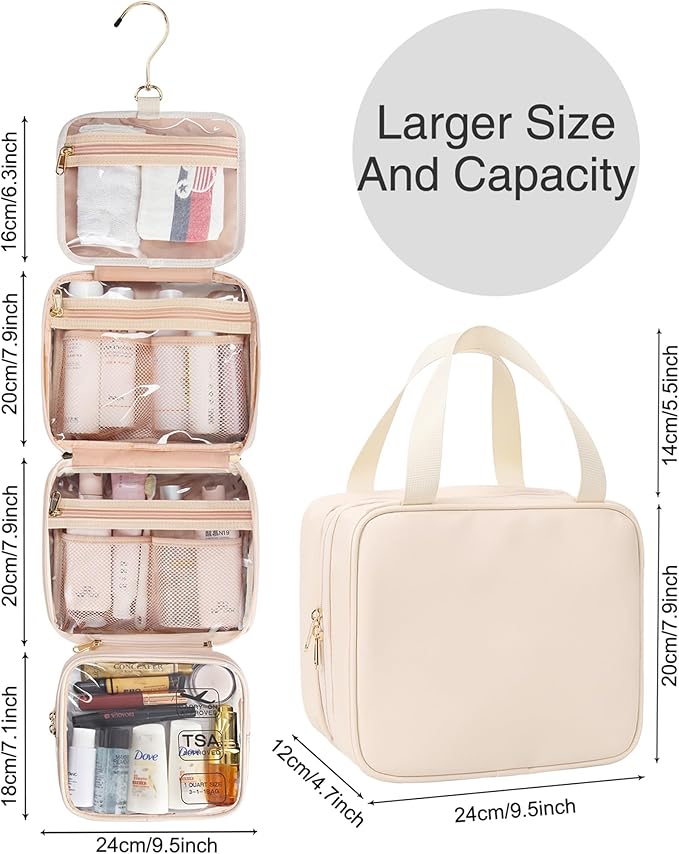 Travel Makeup Bag Hanging Toiletry Bag for Women Men TSA Approved Clear Bag Toiletries Waterproof Cosmetic Bag Toiletry Bag Travel Toiletry Organizer for Bathroom Shower, Beige