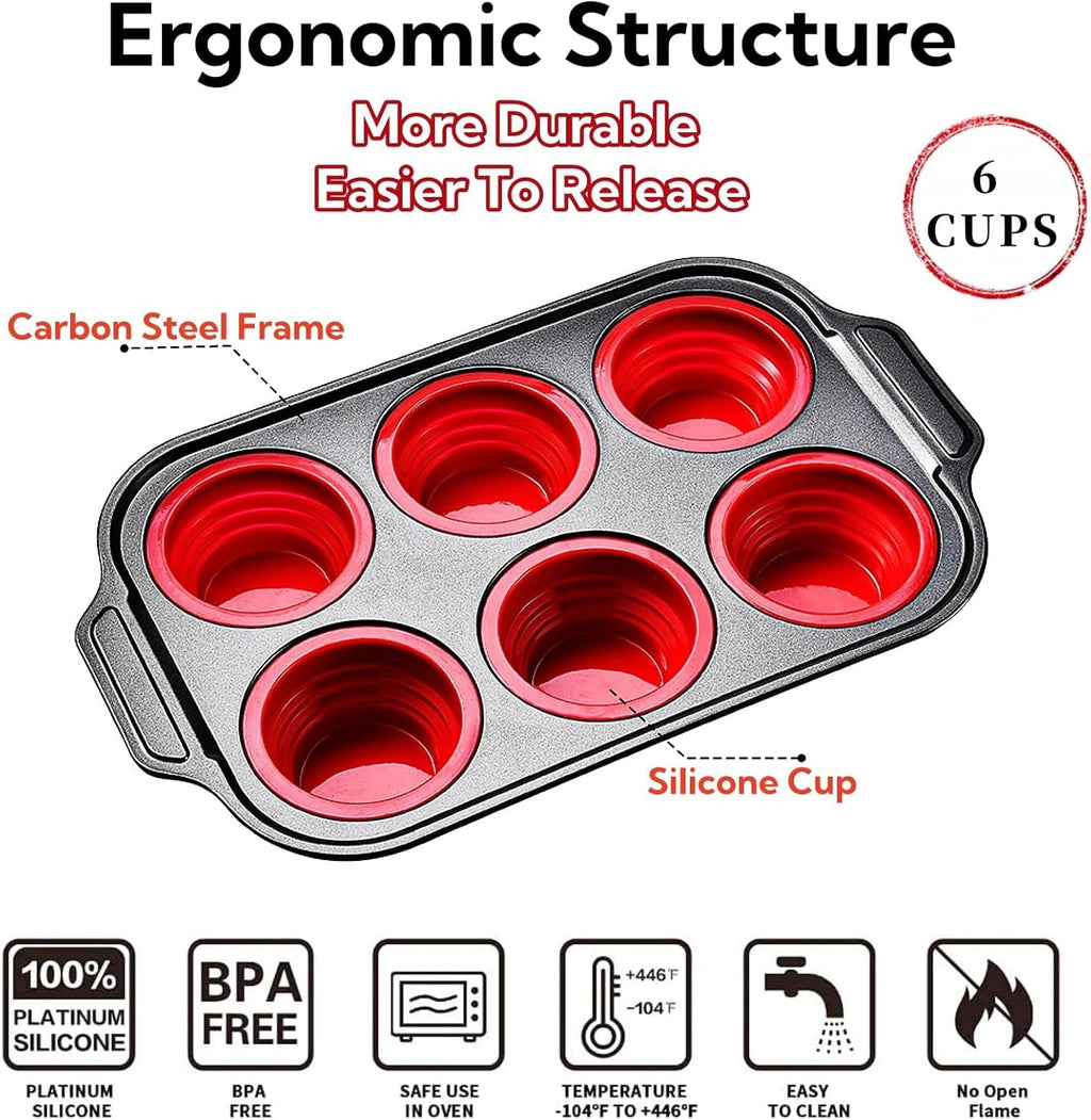 Silicone Muffin Pan, 6 Cups Muffin Pans for Baking with Metal Frame, Cupcake Pan, Egg Bite Molds, Muffin Tin Tray Easy to Pop Nonstick Non Toxic Bakeware for Oven