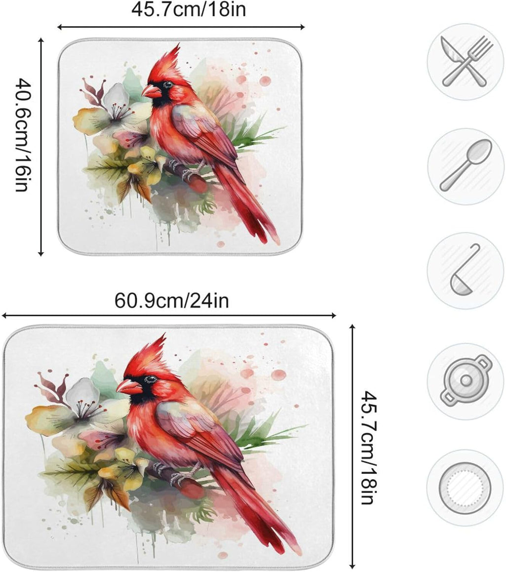 Cute Cardinal Christmas Dish Drying Mat for Kitchen Counter Absorbent Microfiber Drying Pad, Large 18x24 in, Reversible Drainer Mats