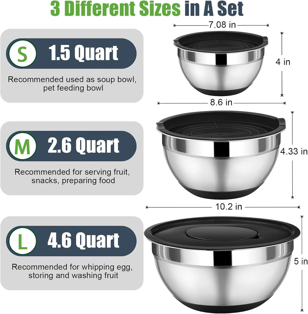 P&P CHEF Mixing Bowl with Lids Set of 3, Stainless Steel Nesting Salad Bowls for Serving Preparing, 3 Grater Attachments & Non-Slip Bottoms, Size 1.5/2.6/4.6 QT, Black
