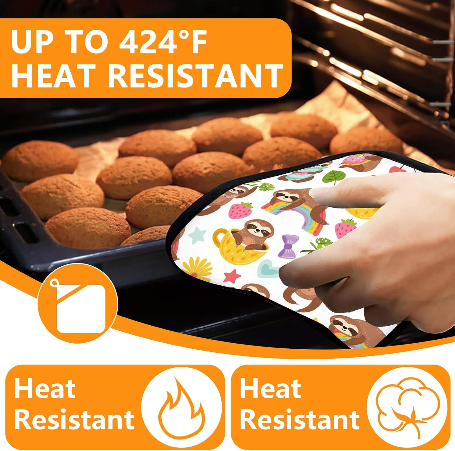 Cute Sloth Oven Mitts and Pot Holders Sets 4Pcs,Extra Long Oven Gloves Potholder for Kitchen Cooking Baking BBQ 100% Cotton Heat Resistant