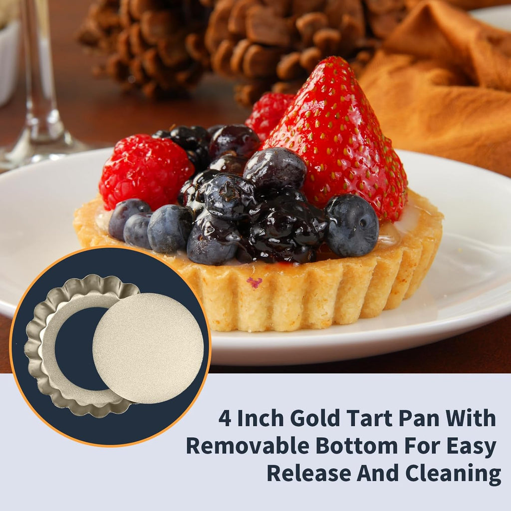 Mini Tart Pan 12PCS, 4 Inch Tart Pan Removable Bottom Non-Stick Tin, 0.9 Inches High Suitable for DIY Making Small Tarts at Home. Champagne Gold Appearance.