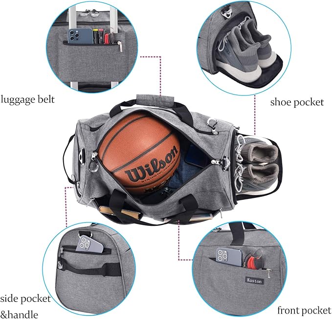 Kuston Sports Gym Bag with Shoes Compartment &Wet Pocket Gym Duffel Bag Overnight Bag for Men and Women-Grey