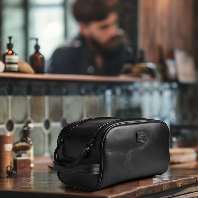 LEATHER VILLAGE Premium Leather Toiletry Travel Pouch With Waterproof Lining - Black | King-Size Handcrafted Vintage Dopp Kit Bag