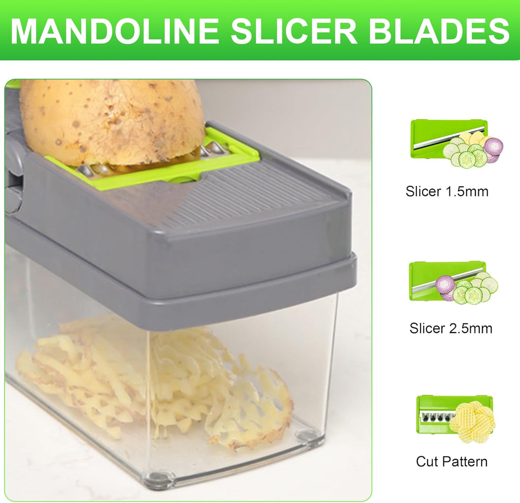 16 in 1 Mandoline Vegetable Food Chopper, Slicers and Vegetable Cutters, Multi Function Kitchen Veg Cutter for Onion Garlic Potato Salad, Veggie Chopper with Container and Draining Basket