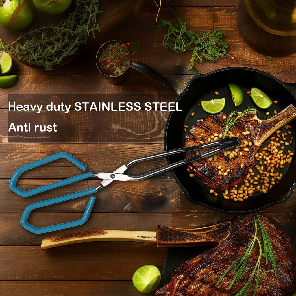 Stainless Steel Scissor Tongs, Heavy Duty, Kitchen Tongs for Food Cooking Barbecue BBQ Grilling and Serving (2pcs Blue)