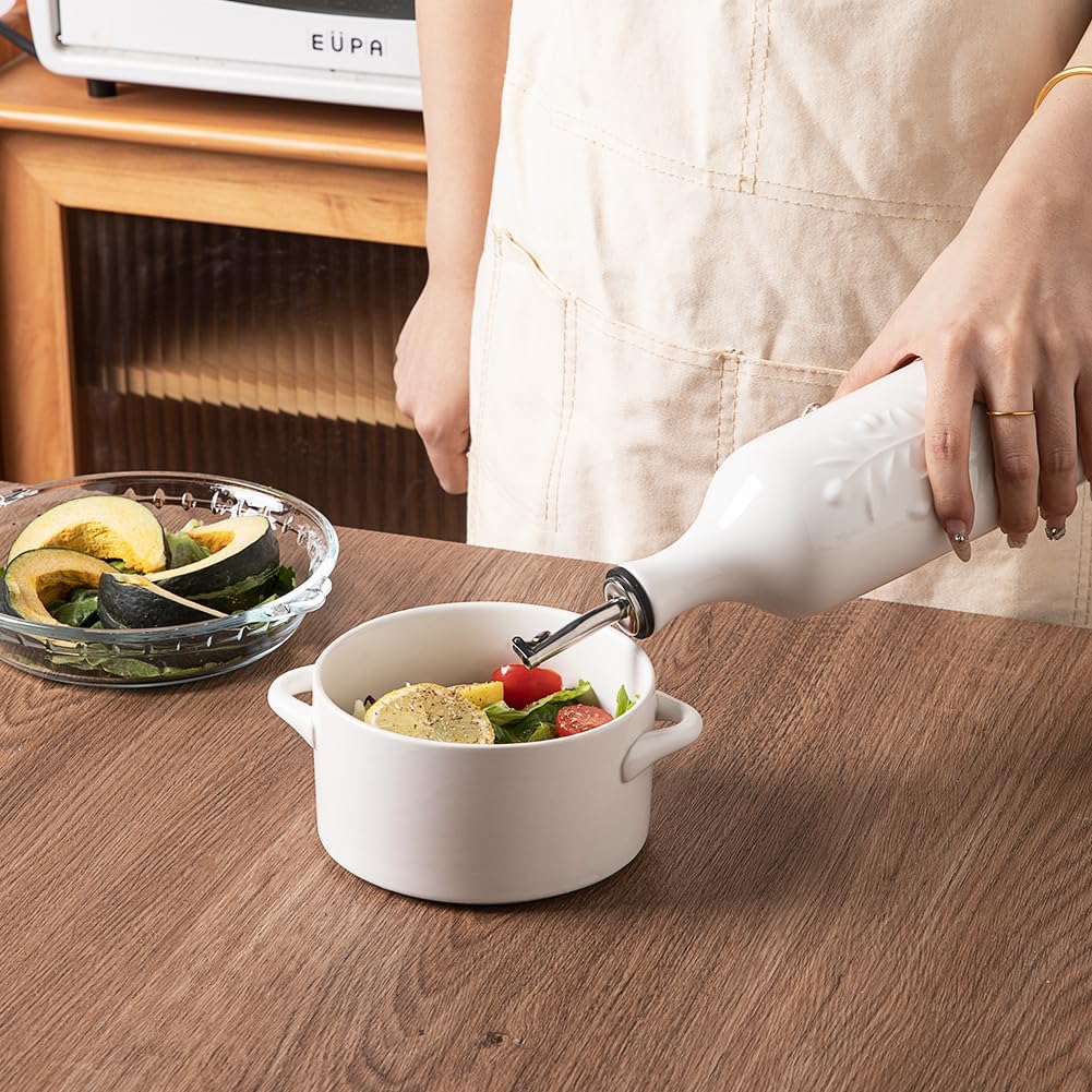Sweejar Large Olive Oil Dispenser Bottle with Spout, 24 Oz Ceramic Oil Dispenser for Kitchen, Relief Opaque Oil Cruet, Oil Container for Cooking, EVOO, Avocado Oil, Vinegar, Pack of 1 (White)