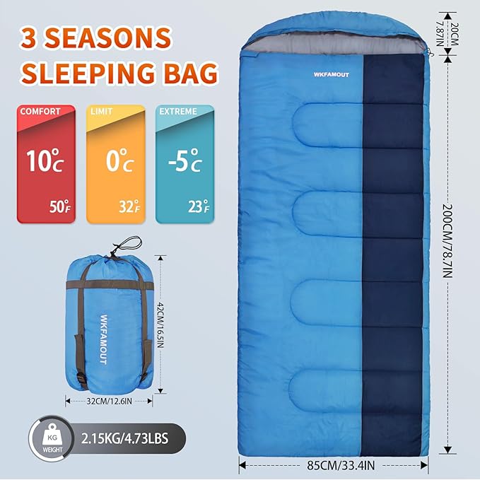 XL 10 Degree Sleeping Bags Waterproof for Adults 350GSM Machine Washable with Compression Sack for 3-4 Season Camping Outdoor