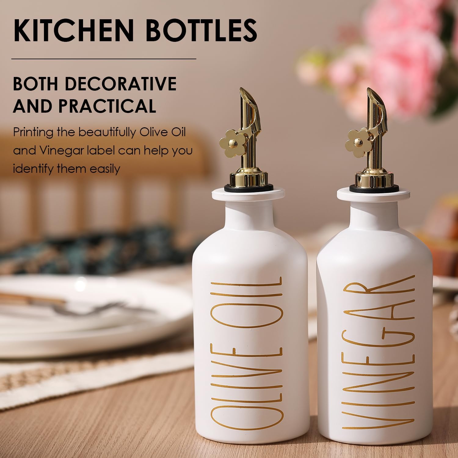 HOMCDALY Premium Olive Oil Dispenser for Kitchen, 11.8oz Glass Oil Bottles with Bamboo Tray, White and Gold Oil&Vinegar Cruet Set, Kitchen Dispenser Bottles with Pourer| Set of 2 (11.8oz –P–Gold)
