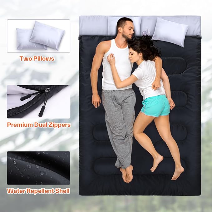 Ohuhu Double Sleeping Bag for Adults with 2 Pillows, Queen Size Two Person Sleeping Bag for Camping Hiking Backpacking 2 Person Sleeping Bags for Cold Weather & Warm