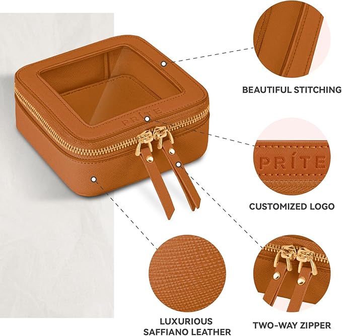 Prite Small Makeup Bag for Women Portable Clear Makeup Bag Cute Mini Waterproof Travel Cosmetic Bag with Gold Zipper for Car Essentials(Brown)