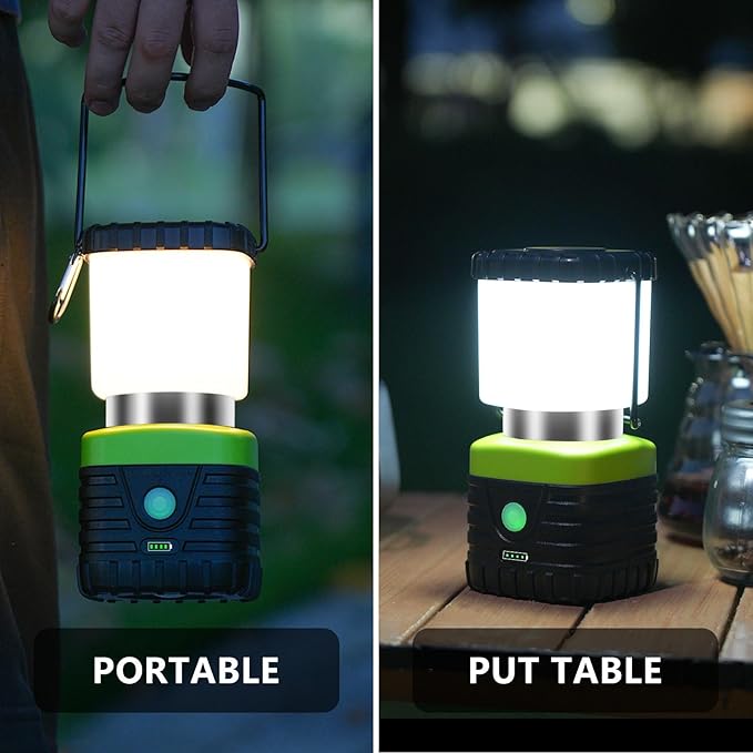1PCS 6500K White Light LED Camping Lantern Rechargeable 1000LM, 4500mAh Power Bank, Flashlight for Hurricane Emergency, Hiking, IP44 Waterproof Lantern(Green)